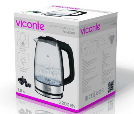 Чайник электрический 1,8л VICONTE VC3288 2200Вт стеклянный корпус, Россия